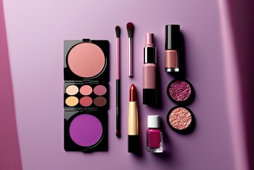 Wall Mural - Make up professional cosmetics on purple background. Powder, lipstick, shadow, brushes. Ai generative.