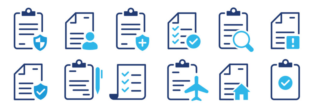 insurance policy icon set. certified document symbol. approval process. policies document. company p