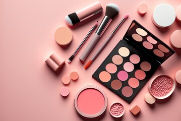 make up professional cosmetics on pink background. powder, lipstick, shadow, brushes. ai generative.