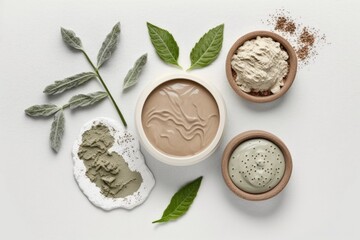 Poster - top view of a clay mask and natural facial cosmetics set with herbs on a white background. generativ