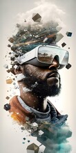 Virtual Reality Conceptual Banner. African American Man Wearing VR Headset. Generative AI Vertical Illustration