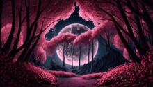 Pink Forest With The Moon Background , Generated By Midjourney AI