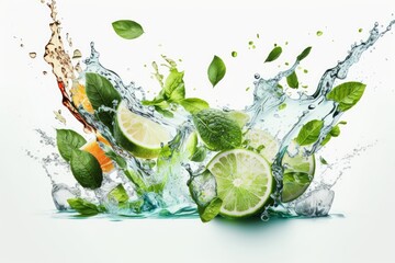 water splash on white background with lime slices, mint leaves, and ice cubes as a concept for summe