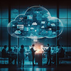 Poster - Networking abstract in night office with digital marketing software, data analysis code or teamwork. Technology, digital transformation or workers on cloud computing, generative ai
