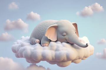 A cute little baby elephant sleeps on a cloud and dreaming. Children's book illustration on a sky background, Ai generative