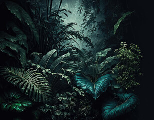 Poster - dark prehistoric jungle. rainforest. Generative AI