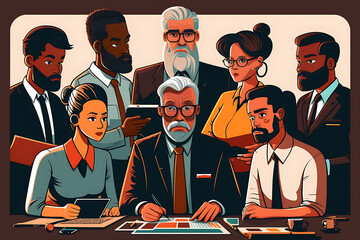 Flat vector illustration Male mature caucasian CEO executive director with diverse employee team, executive team at meeting. Multicultural professional businessmen working together on a research plan.