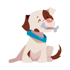 Sticker - Cute Puppy with Brown Spot and Blue Collar Sitting with Bone Vector Illustration