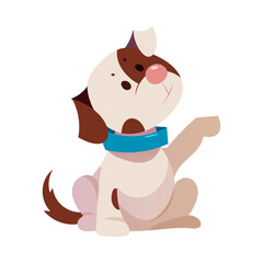 Sticker - Cute Puppy with Brown Spot and Blue Collar Giving Paw Vector Illustration