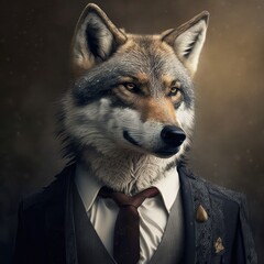  Portrait of a wolf dressed in a formal business suit. Generative AI.