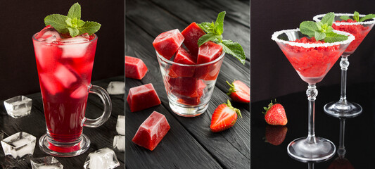 Wall Mural - Collage of summer cold drink with strawberries on the black background. Close-up.