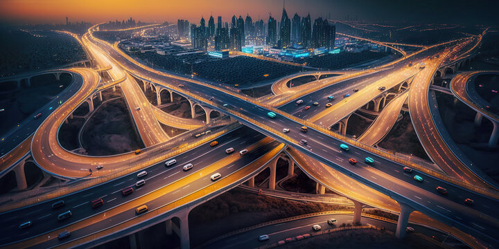 the concept of highways of the future in a fictional world. the aerial view of the traffic was made 