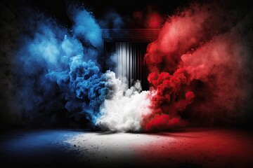 Stage with spotlight, red, white and blue smoke and particle effects, great for 4th of July backdrop or product placement ai