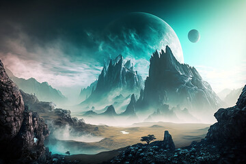 Wall Mural - Alien landscape with clouds, forest, mountain and a big moon. Wallpaper, poster for book cover created with Generative AI