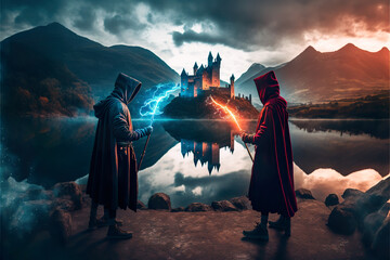 Wizards fighting with spells by a lake with a castle in the background fantasy art