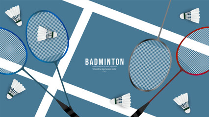 Wall Mural - Badminton racket with white badminton shuttlecock on white line on blur background , badminton court indoor badminton sports wallpaper with copy space  ,  illustration Vector EPS 10