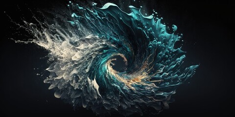 Wall Mural - Water splash in an abstract twister shape, isolated on a dark background. Concept of motion, energy, and washing. Generative AI