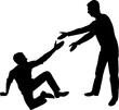 Silhouette of a man giving a helping hand to another man who fell to the ground. Business Concept