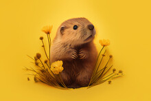 Beaver With Flowers Over Yellow Background. Generative Ai