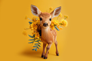 Wall Mural - baby deer with flowers over yellow background, postcard for 8 march. Generative Ai