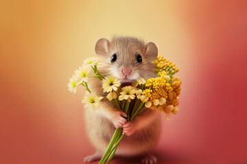 cute baby mouse holding a bouquet of spring flowers. generative ai