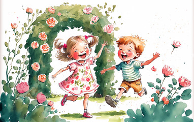 Poster - Happy children playing in the garden. Watercolor illustration.