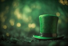 St. Patrick's Day: Green Leprechaun Hat On The Blurred Green Background. AI