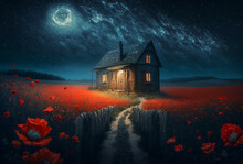 Night Landscape With A Wooden House On A Field Of Poppies Under The Starry Sky. Generative AI