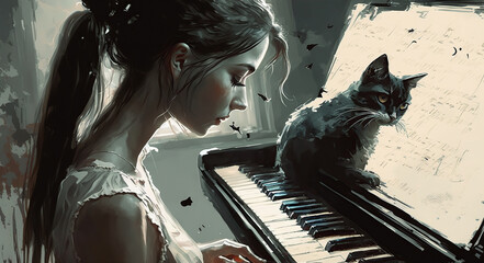 a beautiful young woman playing the piano, cat siting.