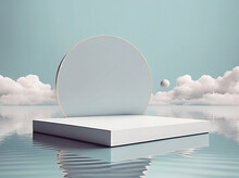 3D Clouds And Skies Background With White Podium. Standing On Water. Product Promotion Step Pedestal. Abstract Minimal Advertise. 3D Render Copy Space Mockup	
