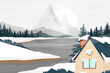 House and  Mountain lake landscape in winter vector illustration