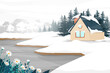 House and  Mountain lake landscape in winter vector illustration