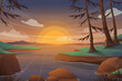 Scenery in nature lake and forest with sunset cartoon vector.