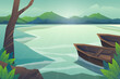 Scene of forest nature with lake and boat vector