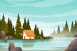Cottage on the hill forest lanscape background vector