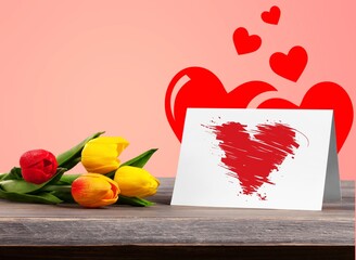 Wall Mural - Valentine's day with flowers and red heart shapes