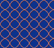 Seamless Background Of Geometric Islamic Trellis Pattern In Blue With Orange Repeating Outline