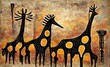 Giraffes in the savannah, painting with brown colors