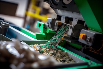 a close up of a recycling machine sorting plastic waste in a recycling factory, with a backdrop of c