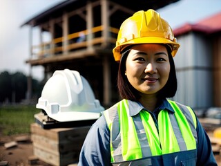 Wall Mural - Woman wearing hard hat on a construction site. Made with Generative AI.	
