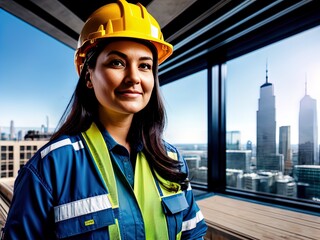 Wall Mural - Woman wearing hard hat on a construction site. Made with Generative AI.	
