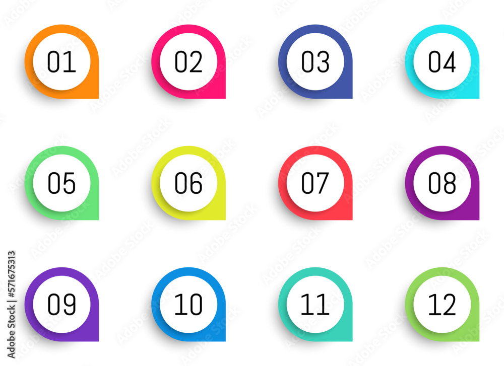 Bullet Point Shadowed Box Bullet point markers with shadow. From 1 to 12. Stock Vector | Adobe Stock