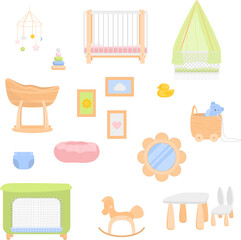 Sticker - Cartoon Color Newborn Furniture and Nisery Interior Set Flat Design Style Include of Bed and Cradle. Vector illustration