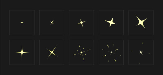 Fototapete - Cartoon Different Shine Sparkle Animation Effect Set on a Black Background Flat Design Style. Vector illustration