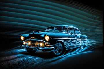 Poster - At night, blue automobile lights. extended exposure. Generative AI