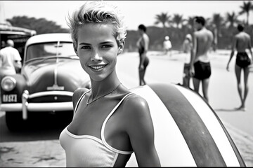 Cute surfer young girl in bikini swimsuit with beautiful smile, on the beach with surfboard.  Black and white image created with generative ai.