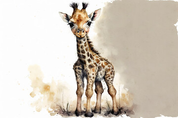 Wall Mural - Cute baby giraffe standing watercolor, Generative AI