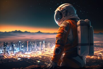 Wall Mural - astronaut watching acity on another planet made with generative ai