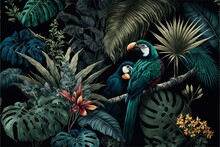 Wallpaper Palm Tropical Forest Vintage Jungle Pattern With Birds Dark Mood