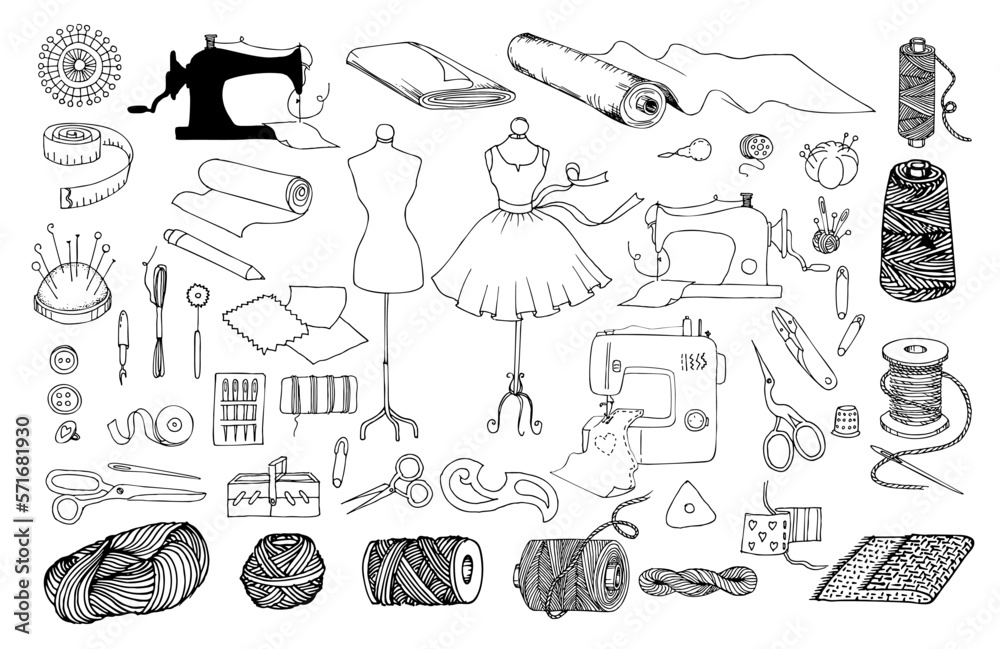 Sewing Instruments Drawing Tools and materials sewing and needlework set. Sew machine and ...